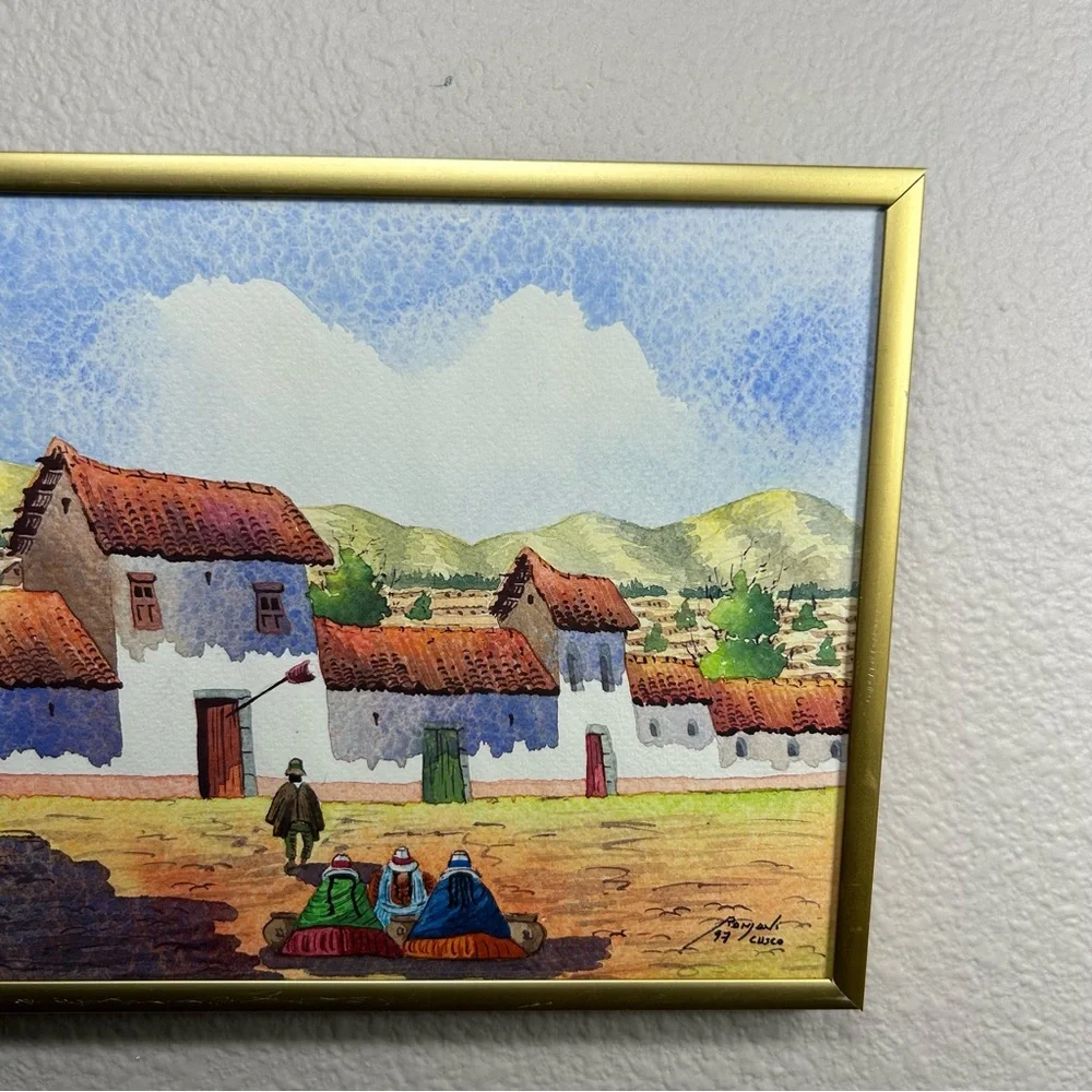 Vintage 1997 Original Signed Framed Watercolor Paint  Cultural Villa Cusco Peru